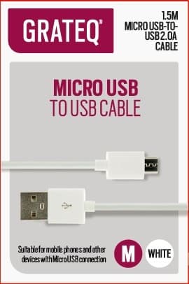 GRATEQ USB-A – Micro USB -kaapeli, 1,5 m, valkoinen