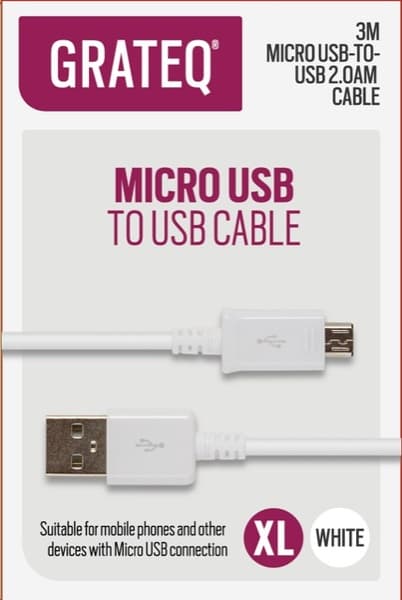 GRATEQ USB-A – Micro USB -kaapeli, 3 m, valkoinen
