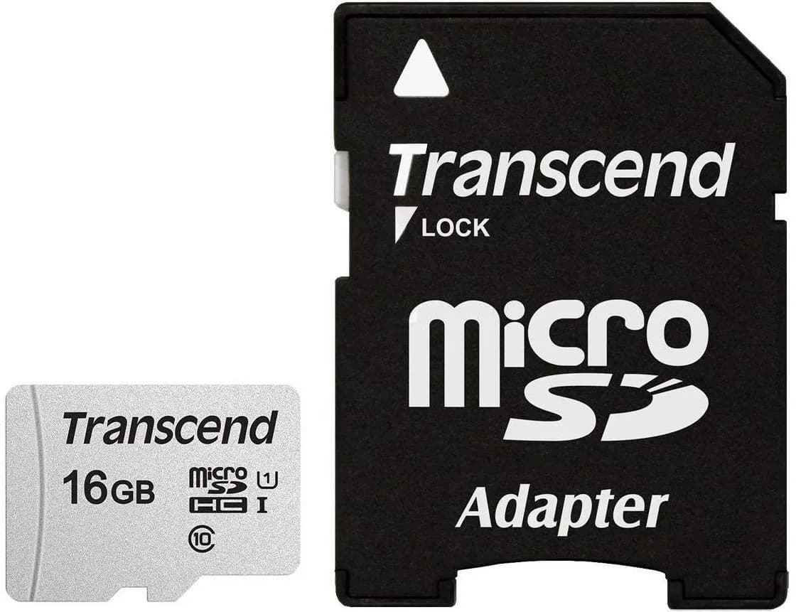 Transcend 300S 16 Gt MicroSDHC UHS-I U1 V30 A1 -muistikortti + SD-adapteri, hopea
