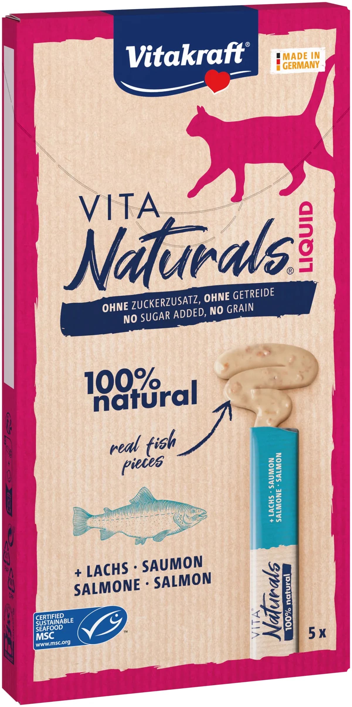 Vitakraft Vita Naturals Liquid Salmon, Kissan märkäruoka, 5 x 15 g
