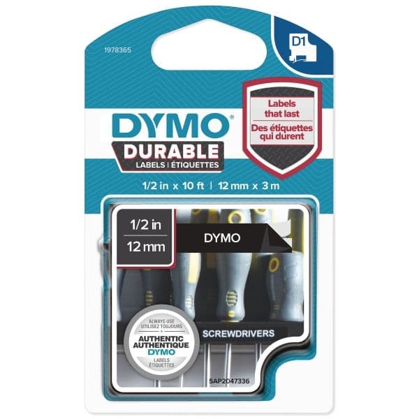 DYMO D1 - vinyylikestotarrat - Valkoinen mustalla -12mm x 3m, Valkoinen mustalla, Musta, Vinyyli, Belgia, -40 - 80 °C, DYMO