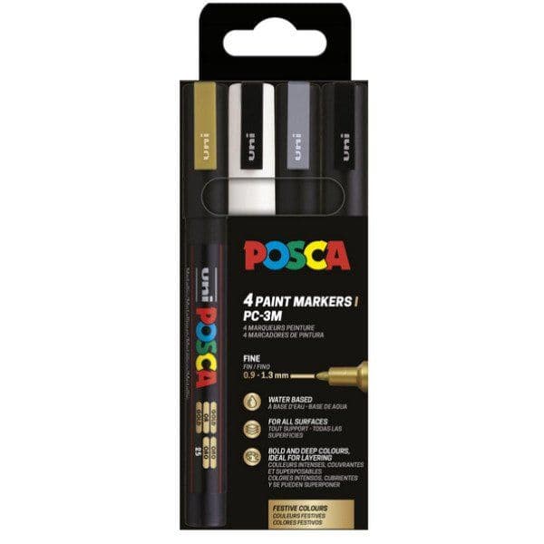 POSCA PC-3M 4kpl (kultainen, valkoinen, hopea, musta)