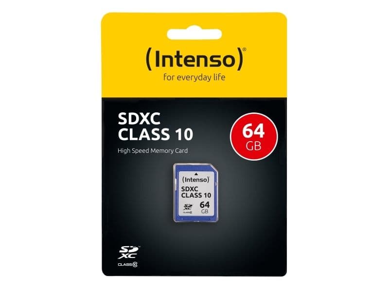 Intenso 3411490, 64 GB, SDXC, Luokka 10, 25 MB/s, Iskunkestävä, Lämmönkestävä, Röntgensäteenkestävä, Musta