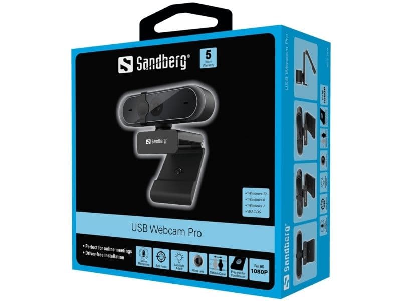 Sandberg USB Webcam Pro, 5 MP, 2592 x 1944 pikseliä, Full HD, 30 fps, 1920x1080@30fps, 2595x1944@30fps, 1080p