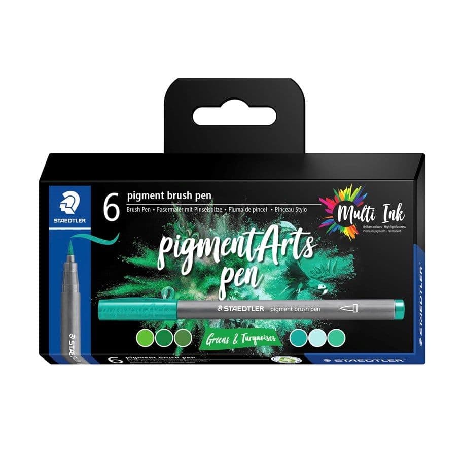 Staedtler Pigment Arts Brush Pen Greens & Turquoises, 6 väriä, Vihreä, Turkoosi, Pyöreä, Muovi, Polypropeeni (PP), Vesipohjainen muste, Aikuiset & Lapset