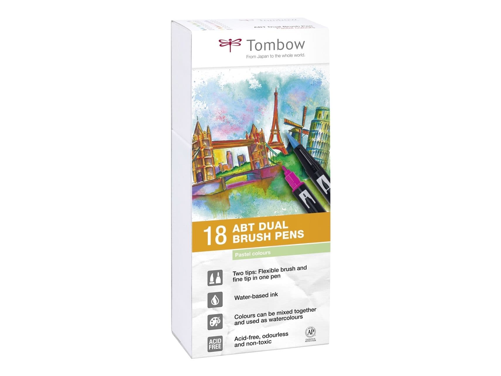 Tombow ABT-18P-5, Hienojakoinen, 18 väriä, Pyöreä kärki ja sivellinkärki, Monivärinen, Pyöreä, Vesipohjainen muste