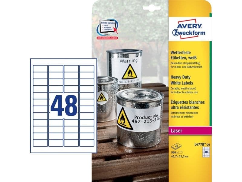 Avery Zweckform L4778-20, Valkoinen, Suorakulmio, Kiinteä, Valkoinen läpinäkyvällä, DIN A4, Universaali
