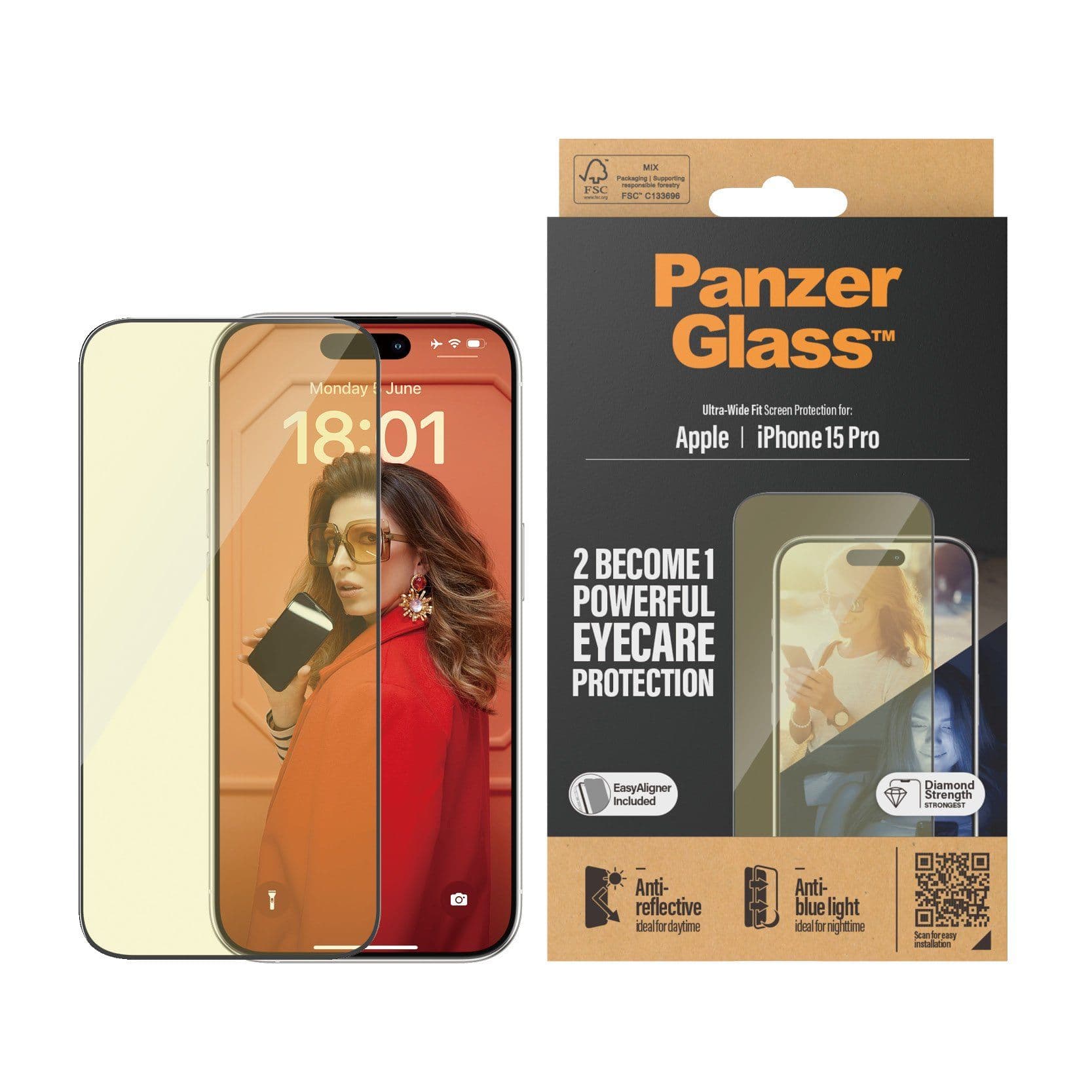 PanzerGlass™ | Ultra-Wide Fit - Näytön suojaus matkapuhelimelle - EyeCare Protection | Apple iPhone 15 Pro