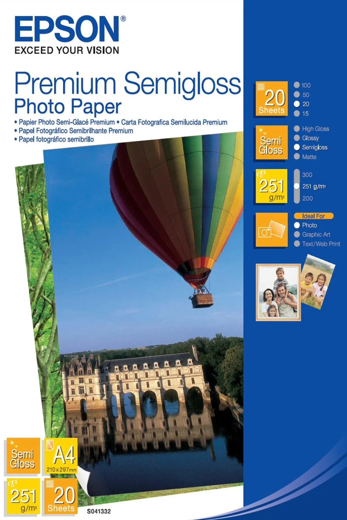 Epson Premium Semi-Gloss Photo Paper - A4 - 20 arkkia, Puolikiiltävä, 251 g/m², Valkoinen, 20 arkkia, Expression Premium XP-900 Expression Premium XP-830 Expression Premium XP-820 Expression Premium..., 1 kpl