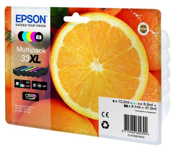Epson Oranges Multipack 5-colours 33XL Claria Premium Ink, Korkea (XL) värintuotto, Musta, Valokuva musta, Syaani, Magenta, Keltainen, Väriainepohjainen muste, Väripohjainen muste, 12,2 ml, 8,9 ml