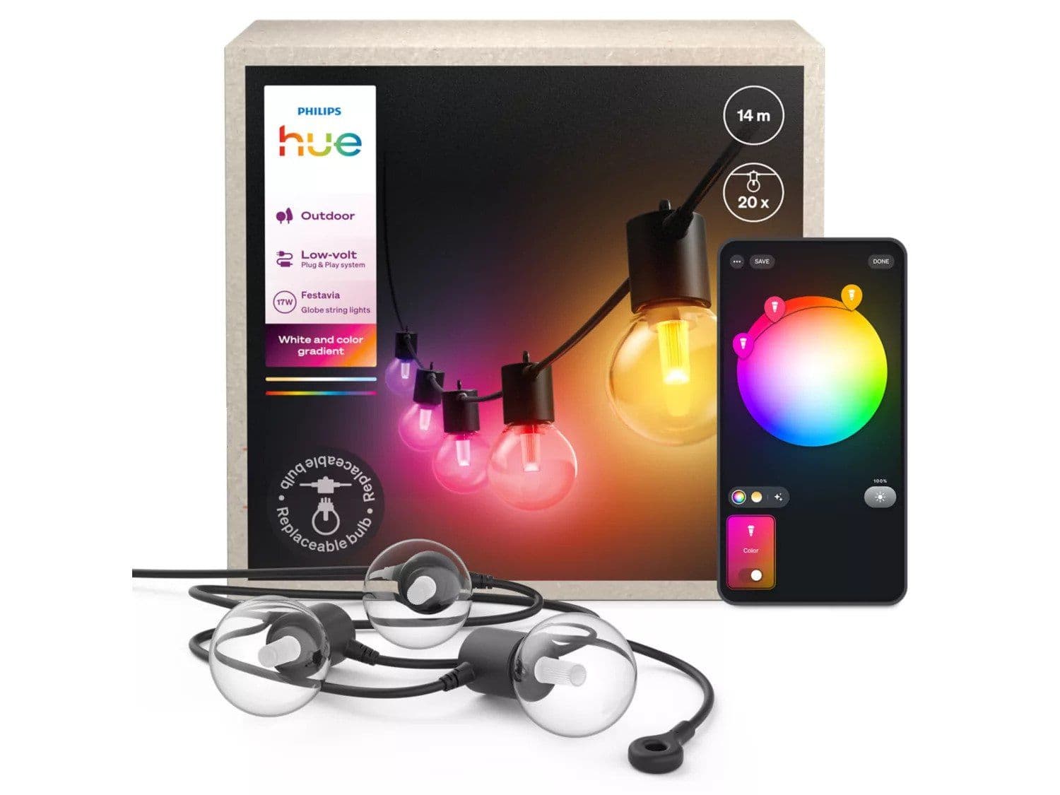 Philips Hue White and Color Gradient Festavia ulkokäyttöön tarkoitettu valosarja pallopolttimoilla - 14 m
