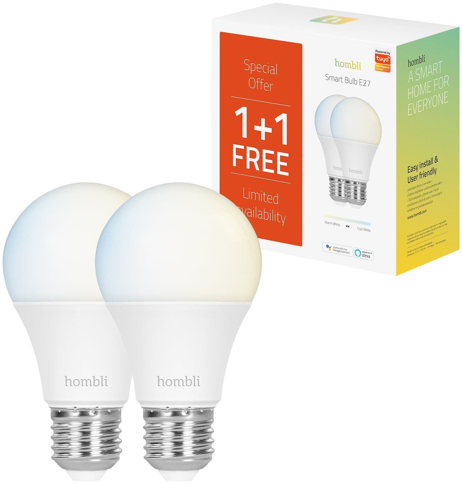 Hombli Smart Bulb E27, Älylamppu, Valkoinen, Wi-Fi, LED, E27, Vaihtuva