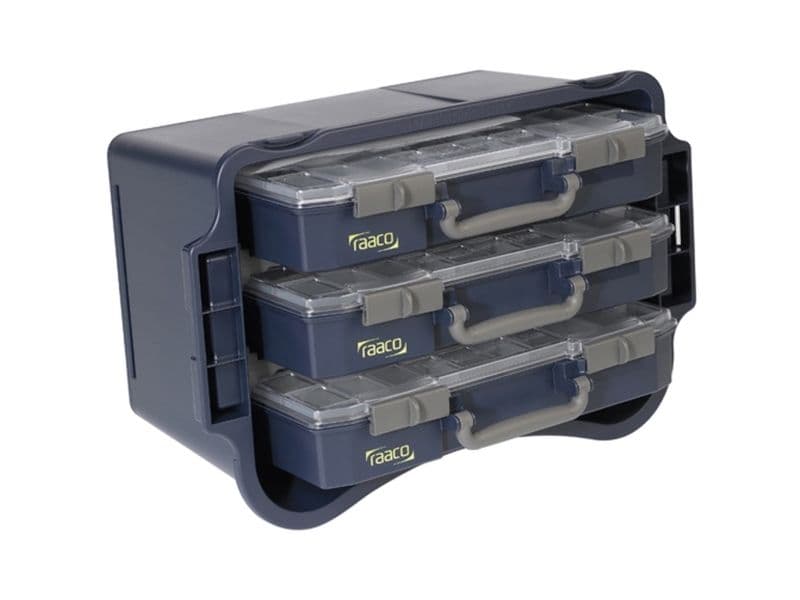 raaco CarryLite 80, Työkalulaatikko, Polykarbonaatti (PC), Polypropeeni, Sininen, Läpinäkyvä, 13 kg, Sarana, 413 mm