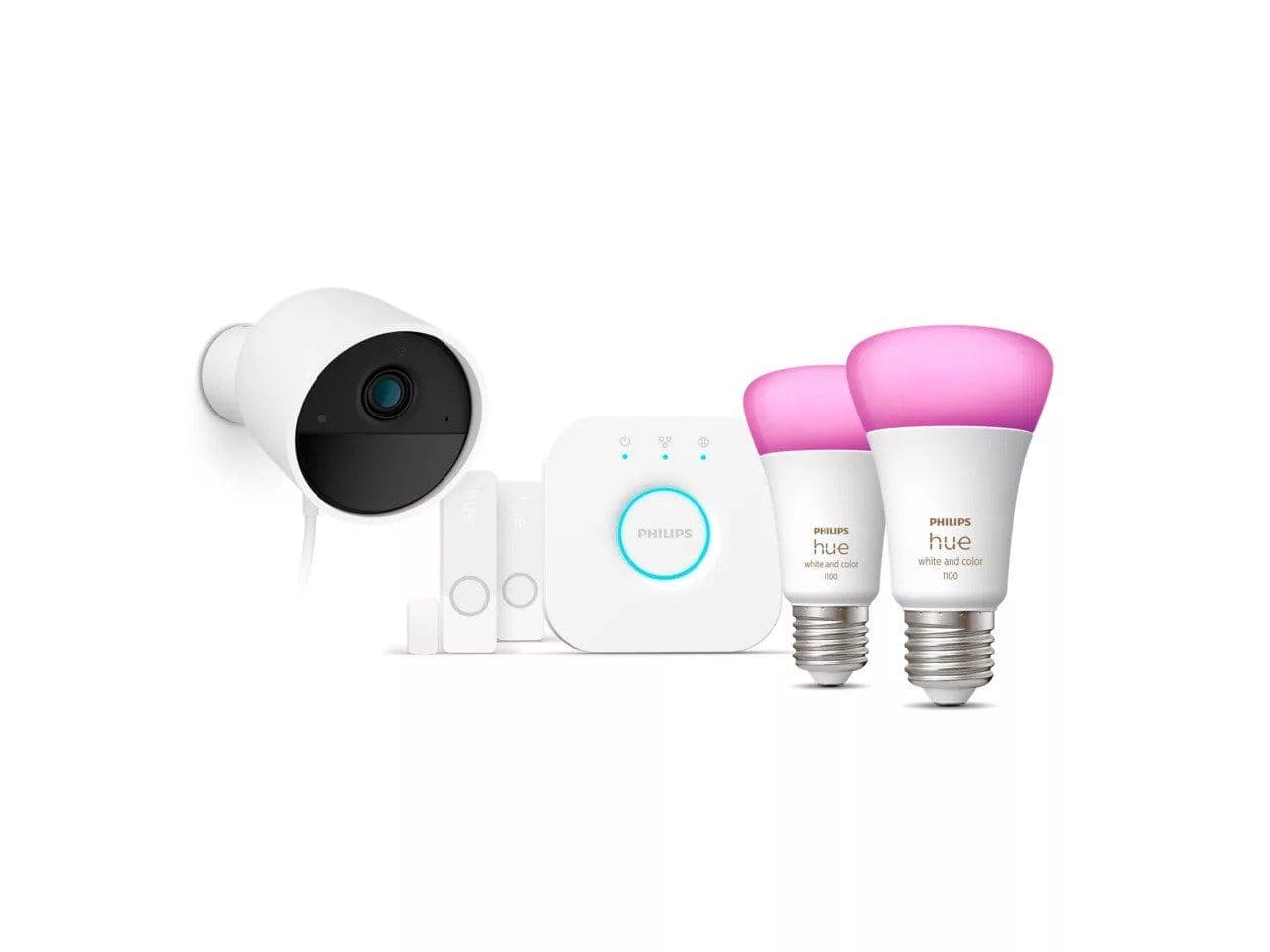 Philips Hue Secure -aloituspakkaus: 2 x E27-polttimoa (1100 lm) + 1 x Secure-kamera + 2 x Secure-kontaktisensoria