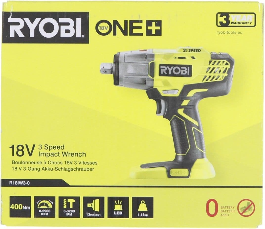 Ryobi One+ R18IW3-0 - Iskevä jakoavain - akkukäyttöinen - 3-vaihteinen - 1/4 kuusiokolo, 1/2 neliskanttiveto - 400 N-m - ei akkua - 18 V