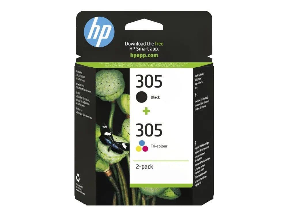 HP 305 alkuperäinen 2 kpl:een pakkauskolmivärinen / musta mustekasetti, Perusvärintuotto, Väripohjainen muste, Väriainepohjainen muste, 120 sivua, 2 kpl, Kaksoispakkaus
