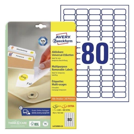 Avery L4732REV-25, Valkoinen, A4, Paperi, Laser/Inkjet, Irroitettava, FSC Mix Credit
