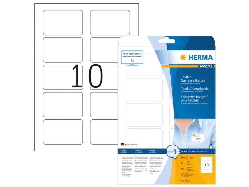 HERMA 4412, Valkoinen, Itse kiinnittyvä tulostintarra, A4, Laser, Irroitettava, Pyöristetty suorakulmio