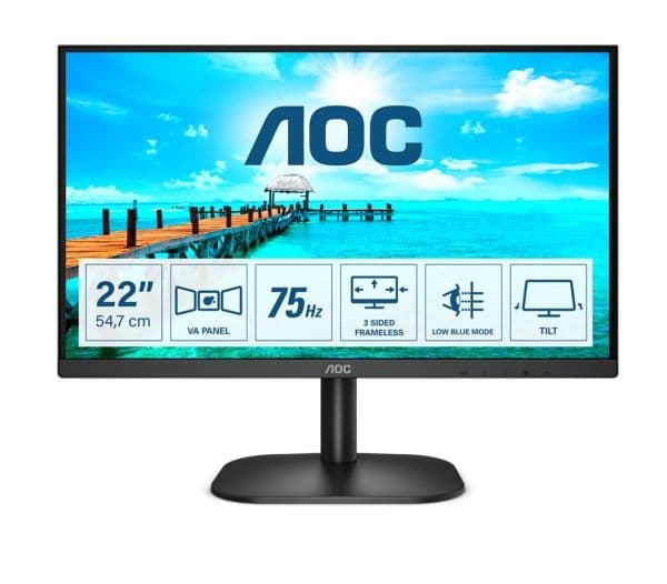 AOC 22B2H/EU - LED-näyttö - 22 (21,5 katseluun) - 1920 x 1080 Full HD (1080p) @ 75 Hz - VA - 200 cd/m² - 3000:1 - 4 ms - HDMI, VGA - musta - musta