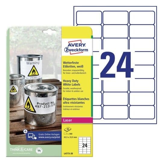 Avery White Heavy Duty Labels - Laser - L4773, Valkoinen, Laser, 20 arkkia, 64.6 x 33.8 mm