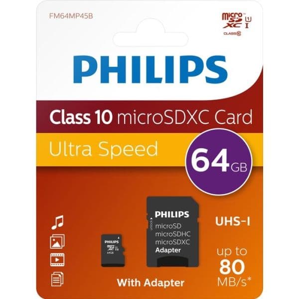 Philips FM64MP45B/00, 64 GB, MicroSDXC, Luokka 10, UHS-I, 80 MB/s, Class 1 (U1)
