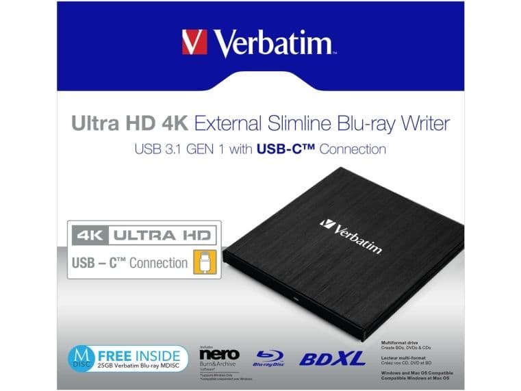 Verbatim 43888, Musta, Päältä, Kannettava tietokone, Blu-Ray DVD Combo, Serial ATA III, BD, BD-R, BD-R DL, CD, DVD