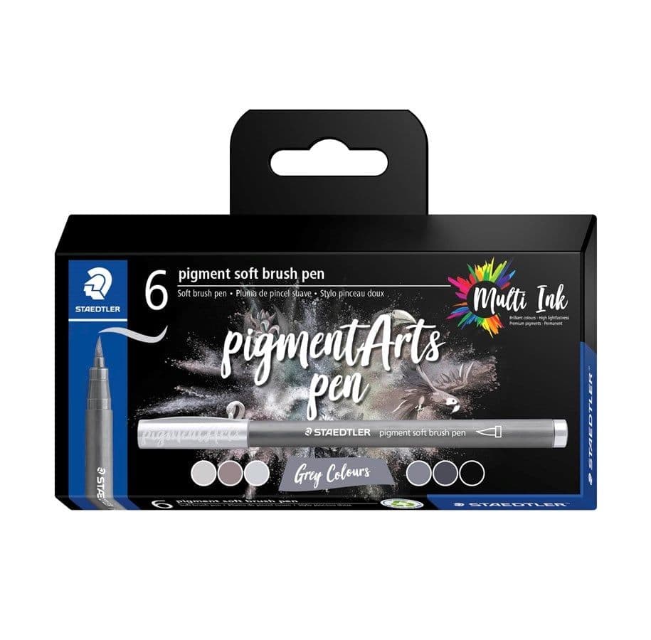 Staedtler Pigment Arts Soft Brush Pen Grey Colors, 6 väriä, Harmaa, Pyöreä, Muovi, Polypropeeni (PP), Vesipohjainen muste, Aikuiset & Lapset