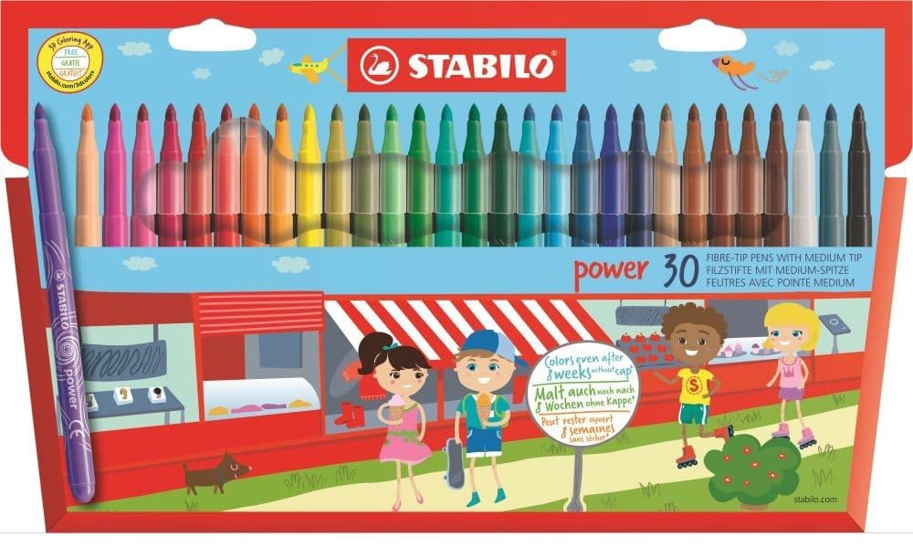 Stabilo Power Børnetusch 30 farver - 2mm streg - kan tåle at ligge uden hætte i op til 8 uger uden at tørre ud