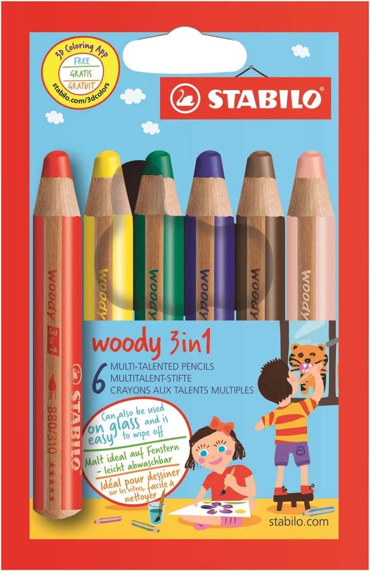 Stabilo Woody -värikynät 3-in-1 - 6 kpl värilajitelma kotelossa