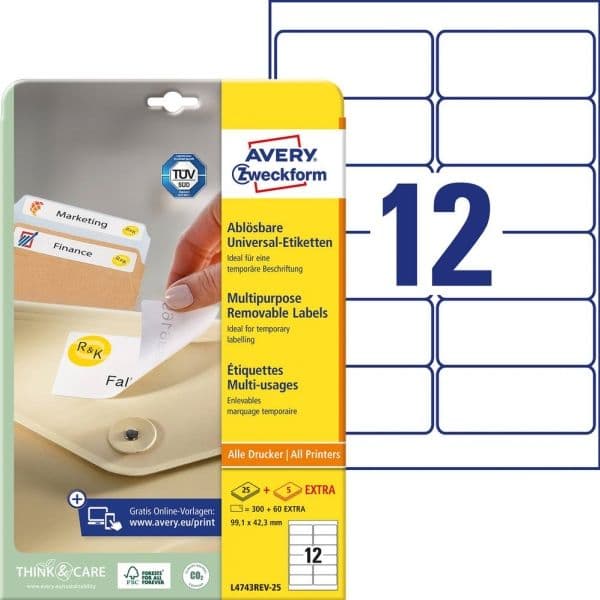 Avery Zweckform L4743REV-25, Valkoinen, Suorakulmio, Irroitettava, Valkoinen läpinäkyvällä, DIN A4, Universaali