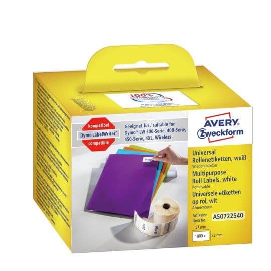 Avery AS0722540, Valkoinen, Suorakulmio, Irroitettava, 32 x 57 mm, Rolle, Paperi
