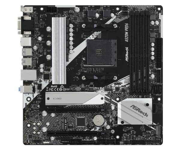 ASRock A520M Pro4 - Emolevy - micro-ATX - Socket AM4 - AMD A520 piirisarja - USB-C Gen1, USB 3.2 Gen 1 - Gigabit LAN - sisäinen grafiikka (CPU tarvitaan) - HD Audio (8-kanavainen)