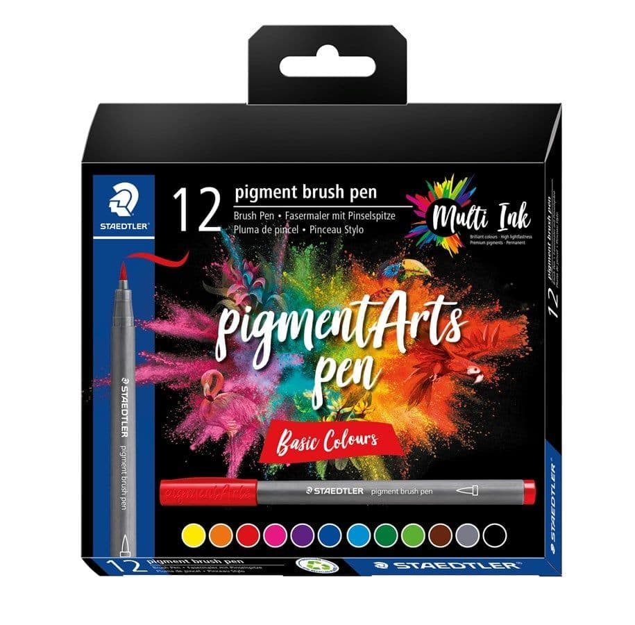 Staedtler Pigment Arts Brush Pen Basic Colors, 12 väriä, Monivärinen, Pyöreä, Muovi, Polypropeeni (PP), Vesipohjainen muste, Aikuiset & Lapset