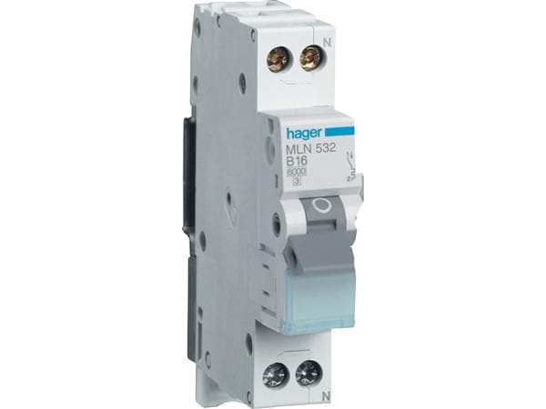 HAGER Automaattisulake C 10A, 1-napainen + nollaC-ominaisuus6kA oikosulkukapasiteetti230V AC, 18 mm leveä