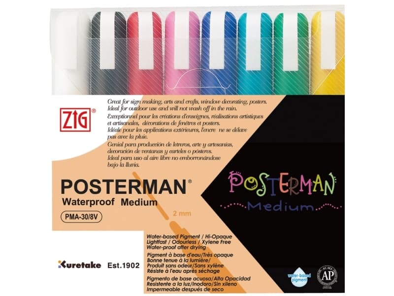 ZIG POSTERMAN Medium, Musta, Sininen, Vihreä, Vaaleansininen, Vaaleanpunainen, Punainen, Valkoinen, Keltainen, Hajuton, 8 kpl