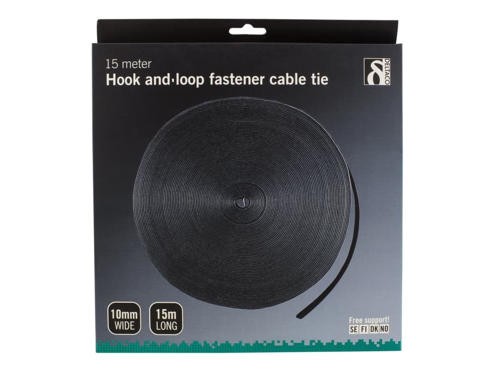 Deltaco CM1015S, Hook & loop cable tie, Velcro, Musta, 15 m, 10 mm, 1 kpl