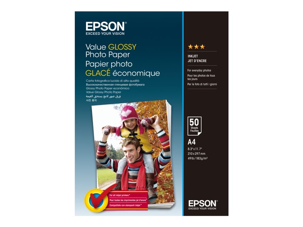Epson Value Glossy Photo Paper - A4 - 50 Arkkia, Kiilto, 183 g/m², Mustesuihku, A4, 21x29.7 cm, Monivärinen