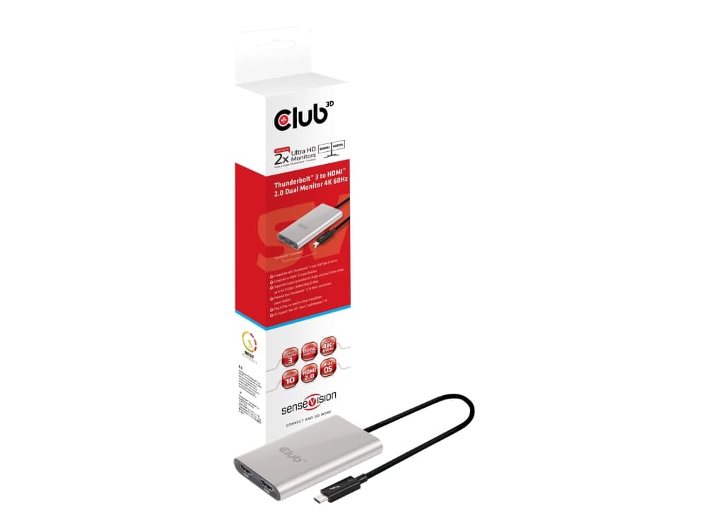 CLUB3D Thunderbolt 3 to Dual HDMI 2.0 Adapter, 2x HDMI, HDMI 2.0, 3840 x 2160 pikseliä, Harmaa, Hopea, 60 Hz, 0,27 m