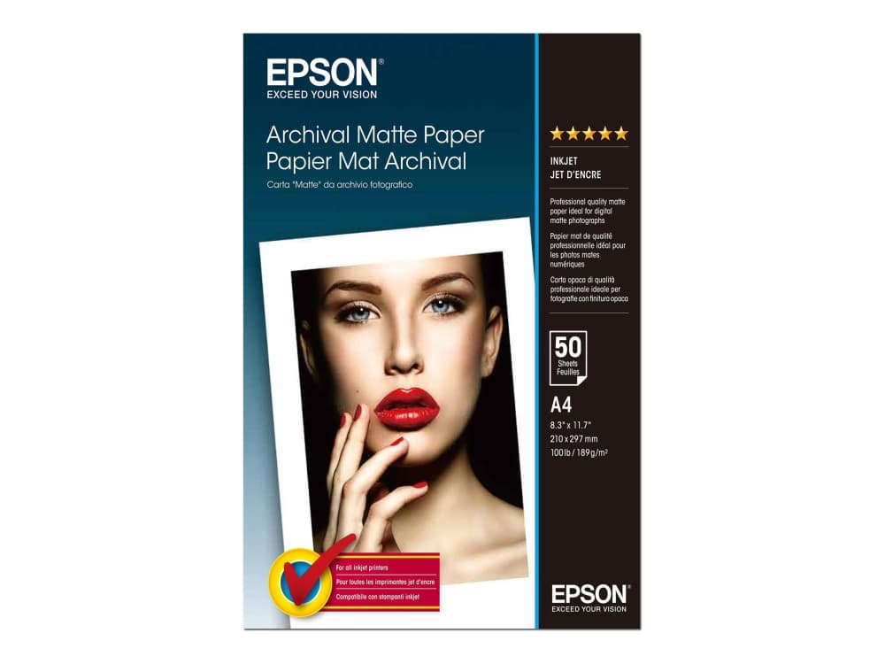 Epson Archival Matte Paper - A4 - 50 arkkia, Matta, 192 g/m², A4, Valkoinen, 50 arkkia, WorkForce Pro WF-C5790DWF SureColor SC-T7200D SureColor SC-T7200 SureColor SC-T7200 SureColor...