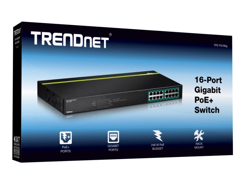 Trendnet TPE-TG160G, Hallitsematon, L2, Gigabit Ethernet (10/100/1000), Power over Ethernet -tuki, Telineasennus, 1U