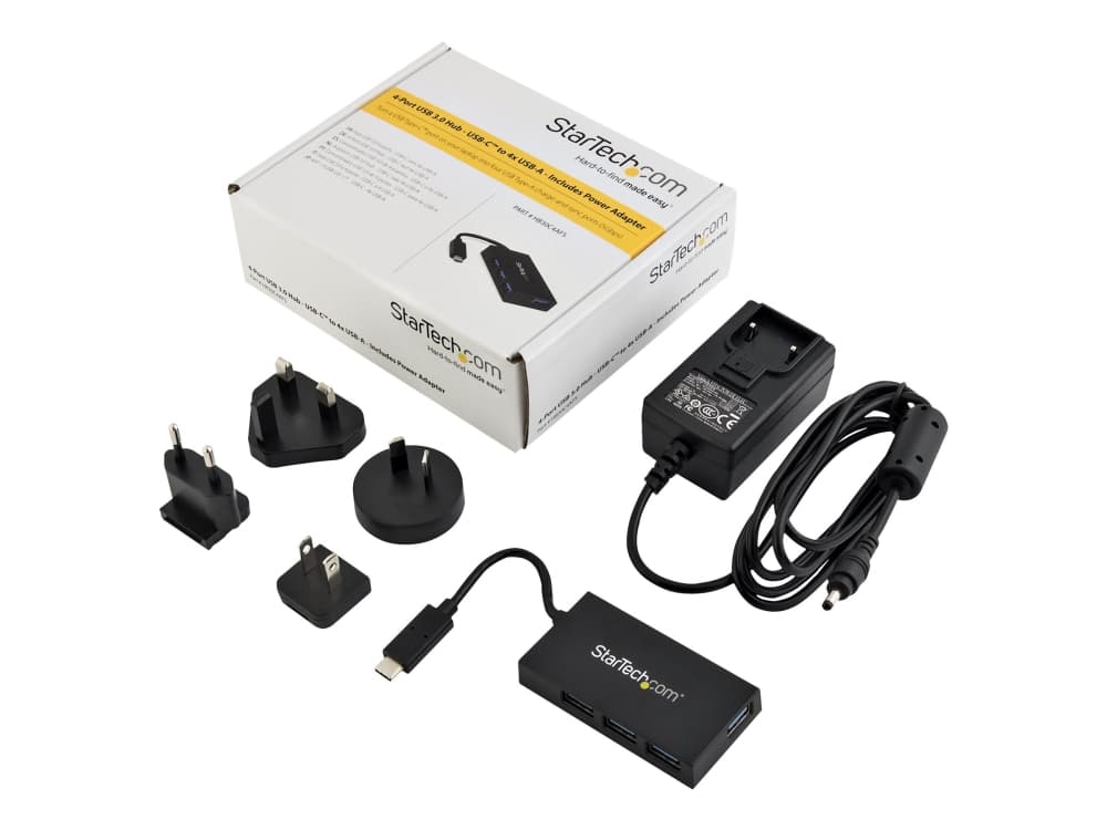 StarTech.com HB30C4AFS, USB 3.2 Gen 1 (3.1 Gen 1) Type-C, USB 3.2 Gen 1 (3.1 Gen 1) Type-A, 5000 Mbit/s, Musta, Muovi, Teho