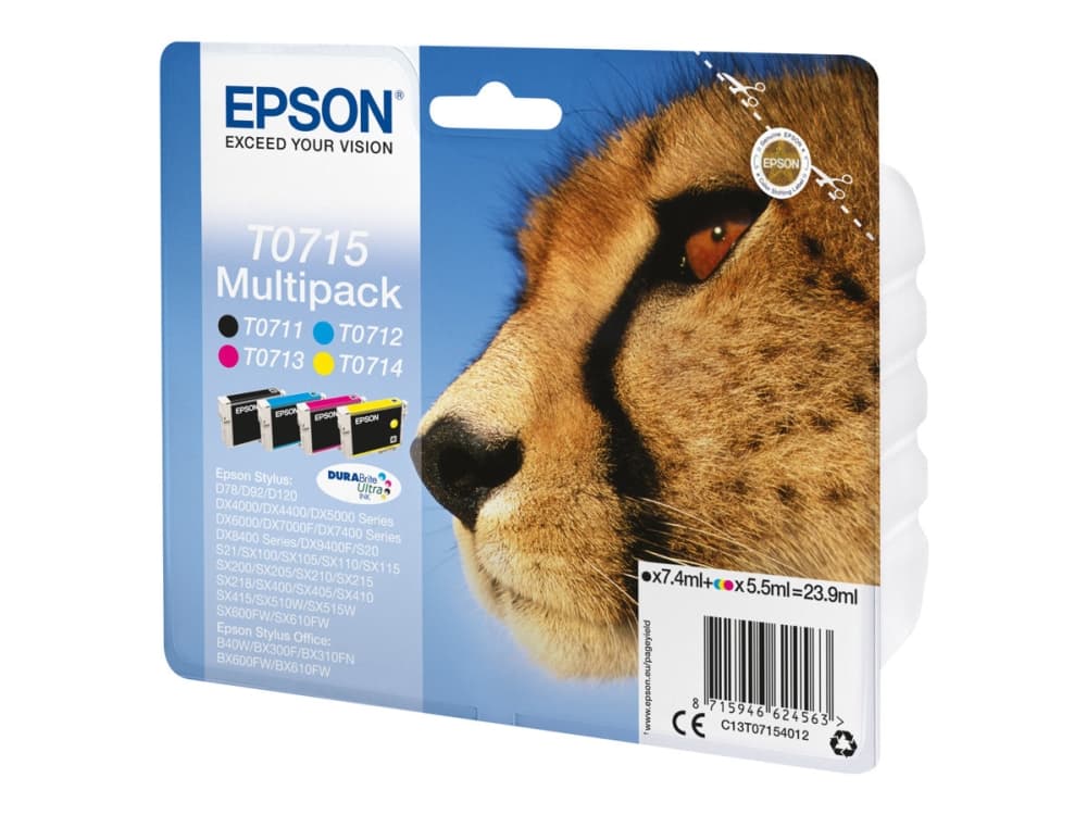 Epson Monipakkaus, 4 väriä T0715 DURABrite Ultra -muste, Musta, Syaani, Magenta, Keltainen, 7,4 ml, 5,5 ml, 1 kpl, Monipakkaus