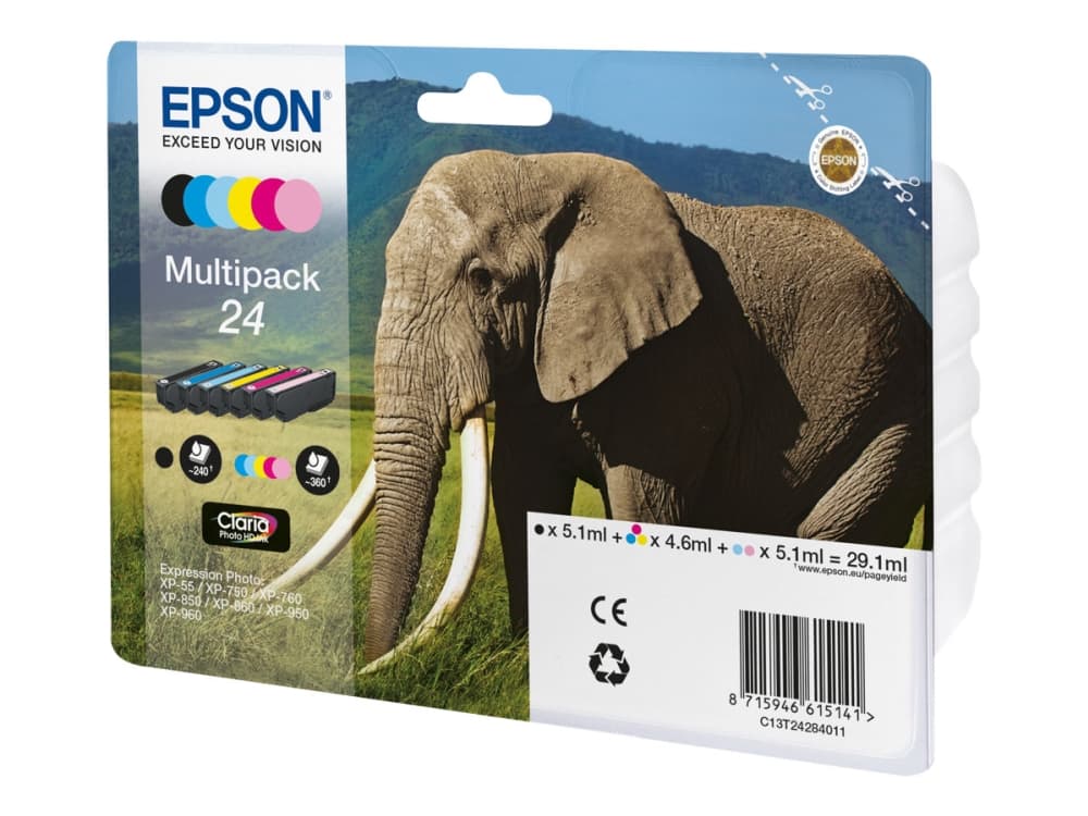Epson Elephant Multipack 6-colours 24 Claria Photo HD Ink, Perusvärintuotto, Musta, Syaani, Vaalea syaani, Magenta, Vaalea Magenta, Keltainen, 5,1 ml, 4,6 ml, 6 kpl, Monipakkaus