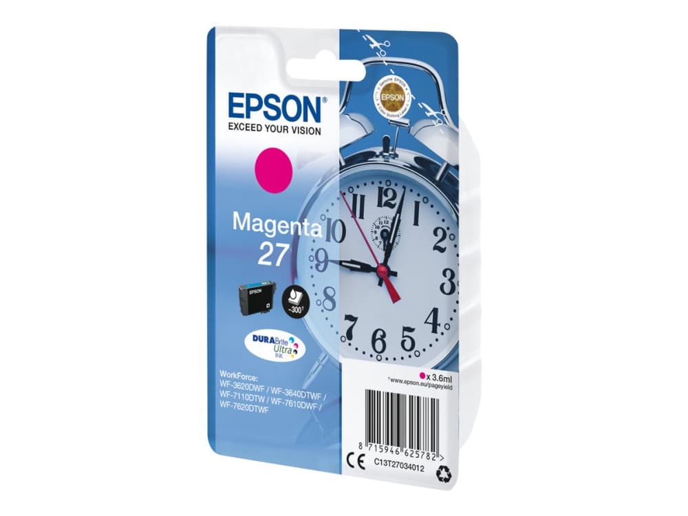 Epson Alarm clock Singlepack Magenta 27 DURABrite Ultra Ink, Perusvärintuotto, Väriainepohjainen muste, 3,6 ml, 300 sivua, 1 kpl