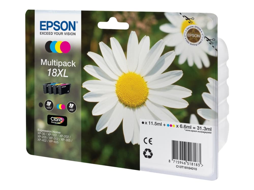 Epson Daisy Monipakkaus, 4 väriä 18XL Claria Home -muste, Musta, Syaani, Magenta, Keltainen, 11,5 ml, 6,6 ml, 1 kpl, 470 sivua, Monipakkaus