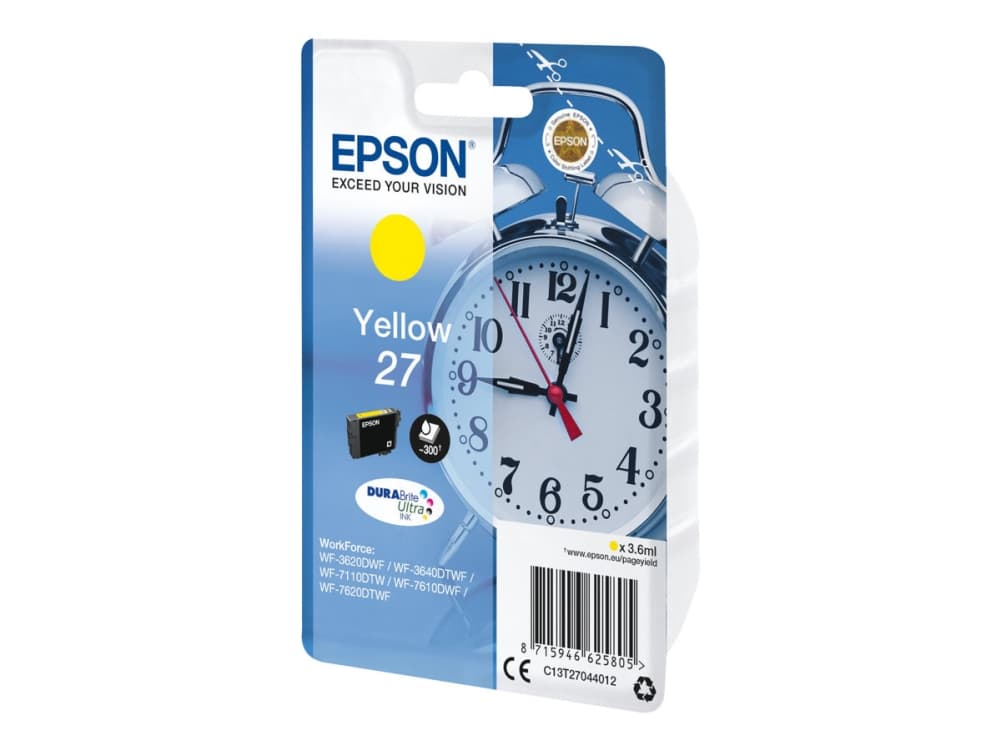 Epson Alarm clock Singlepack Yellow 27 DURABrite Ultra Ink, Perusvärintuotto, Väriainepohjainen muste, 3,6 ml, 300 sivua, 1 kpl