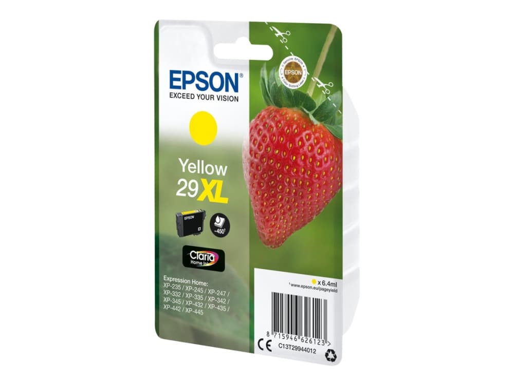 Epson Strawberry Singlepack Yellow 29XL Claria Home Ink, Korkea (XL) värintuotto, Keltainen, Väriainepohjainen muste, 6,4 ml, 1 kpl, 450 sivua