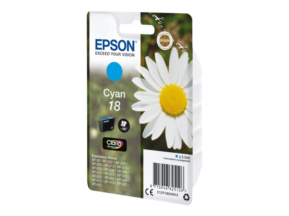 Epson Daisy Yksittäispakkaus, syaani 18 Claria Home -muste, Perusvärintuotto, Syaani, 3,3 ml, 1 kpl, 180 sivua