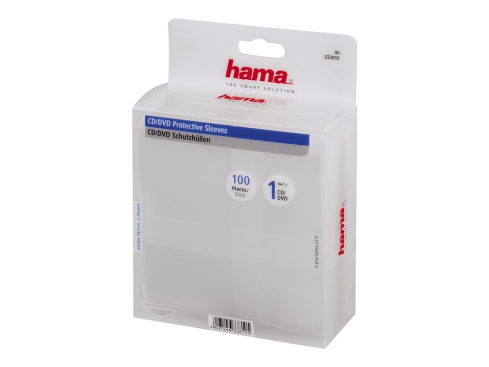 Hama CD/DVD Protective Sleeves, Pack of 100, 100 levyt, Läpinäkyvä, Polypropeeni (PP), 190 mm, 135 mm, 58 mm