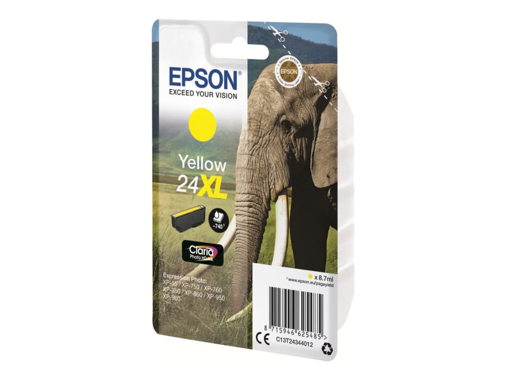 Epson Elephant Yksittäispakkaus, keltainen 24XL Claria Photo HD -muste, Keltainen, Väriainepohjainen muste, 8,7 ml, 1 kpl, 740 sivua